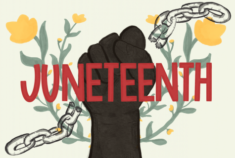 Juneteenth illustration with yellow flowers, first, broken chains.